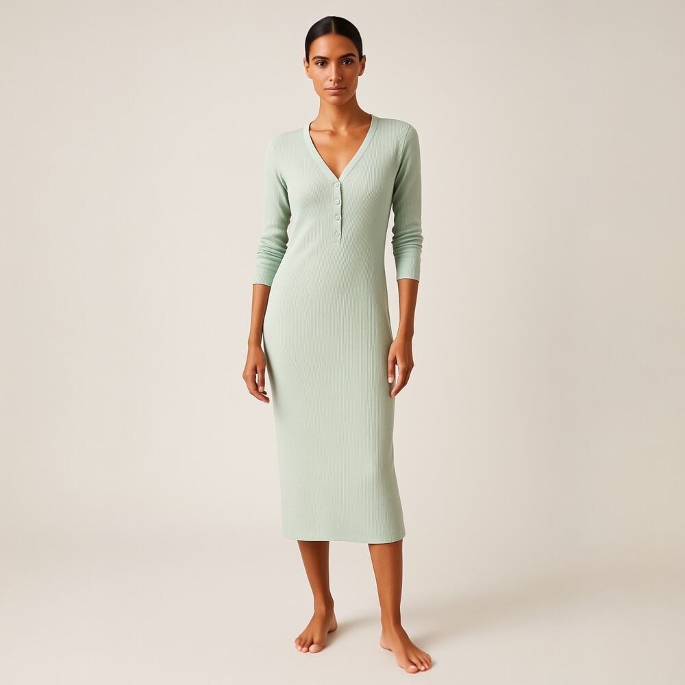 Athleta Wind Down Blue Long Sleeve Waffle Knit Henley Sleep Lounge Dress Size XS